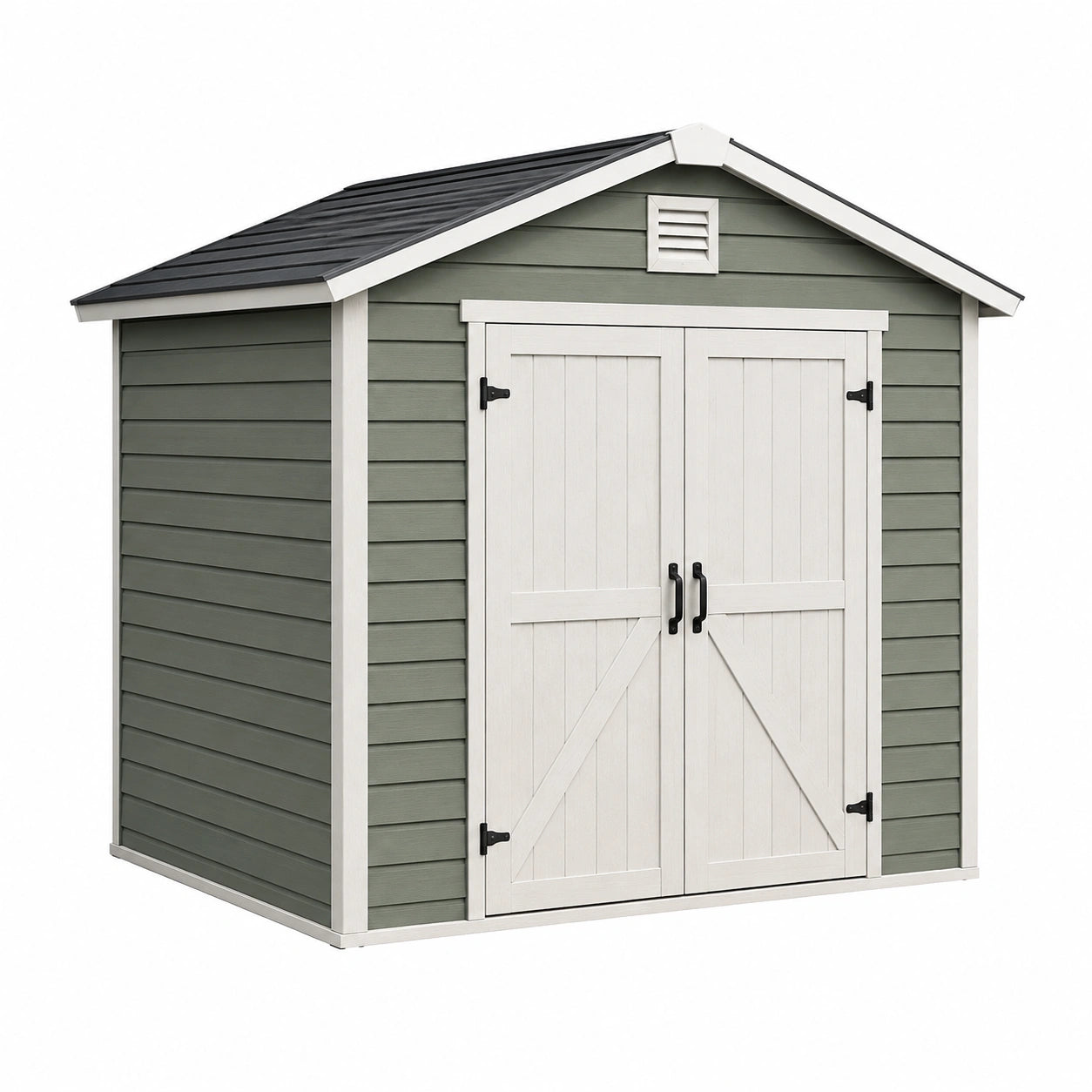 Abri de jardin 244 x 183 x 229 cm en résine vert sauge et blanc avec double porte style chalet