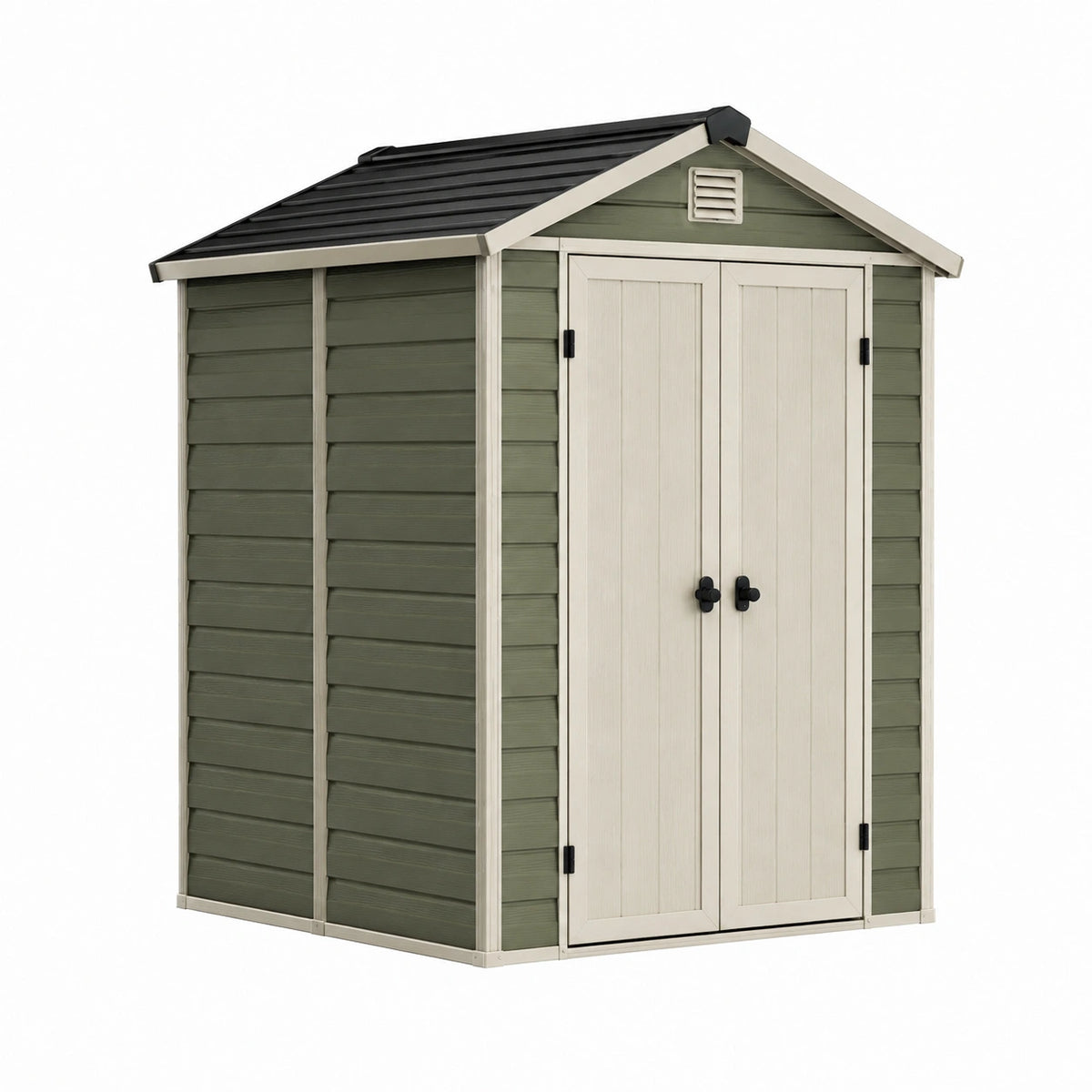 Abri de jardin 183 x 111 x 197 cm en résine vert et beige avec double porte ventilée