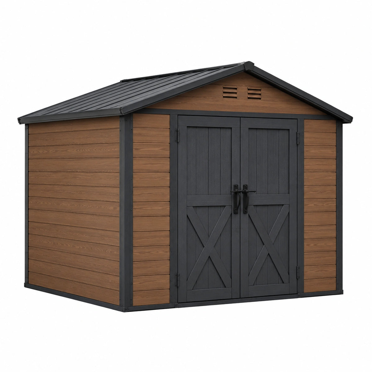 Abri de jardin 210 x 130 x 180 cm en panneaux synthétiques marron noir pour rangement extérieur à toit double pente