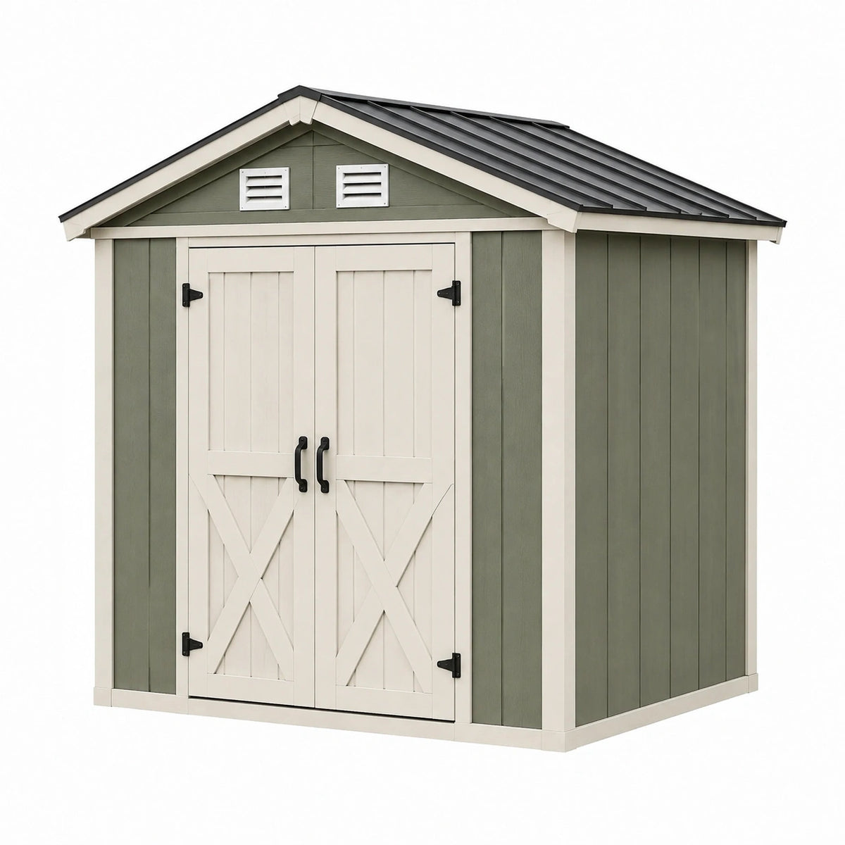 Abri de jardin 214 x 132 x 188 cm en résine vert sauge et beige avec portes doubles ventilées