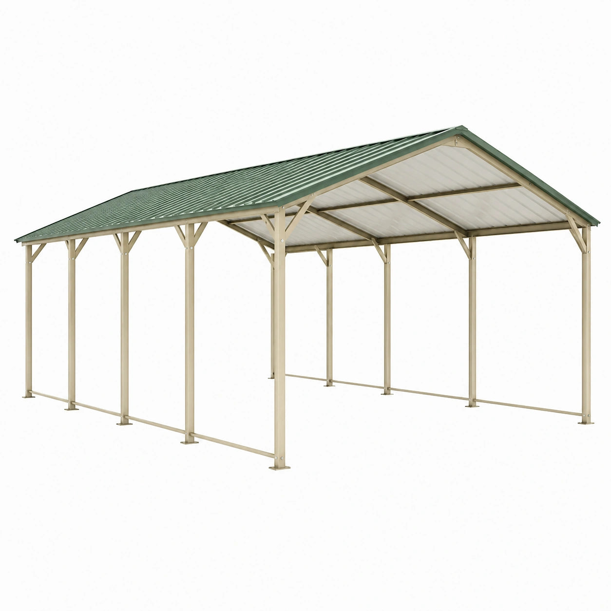 Abri voiture 600 x 300 x 270 cm en acier beige et vert avec toit incliné