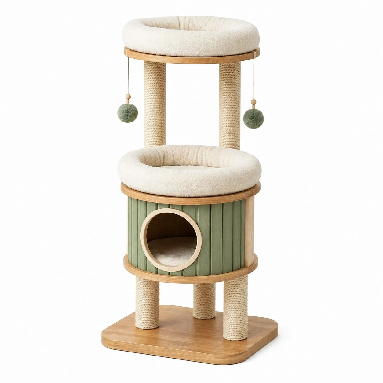 Arbre à chat diamètre 60 cm hauteur 150 cm en bois sisal beige vert avec plateformes de repos
