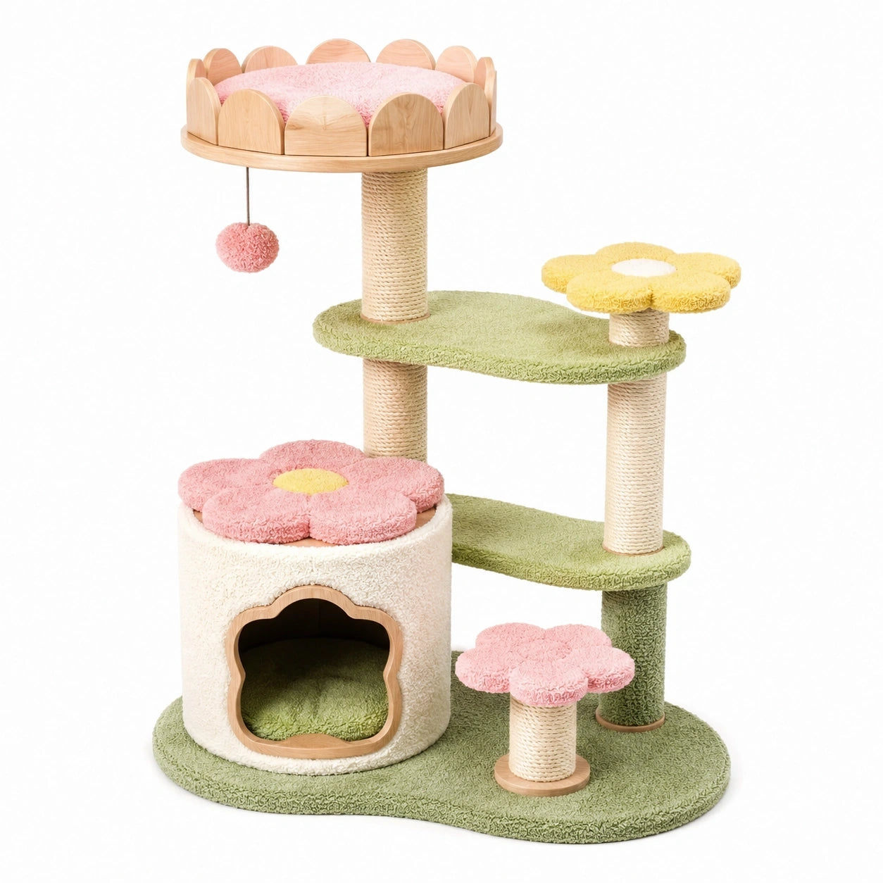 Arbre à chat 60 x 45 x 110 cm en bois sisal et peluche vert rose avec niche et plateformes à griffer