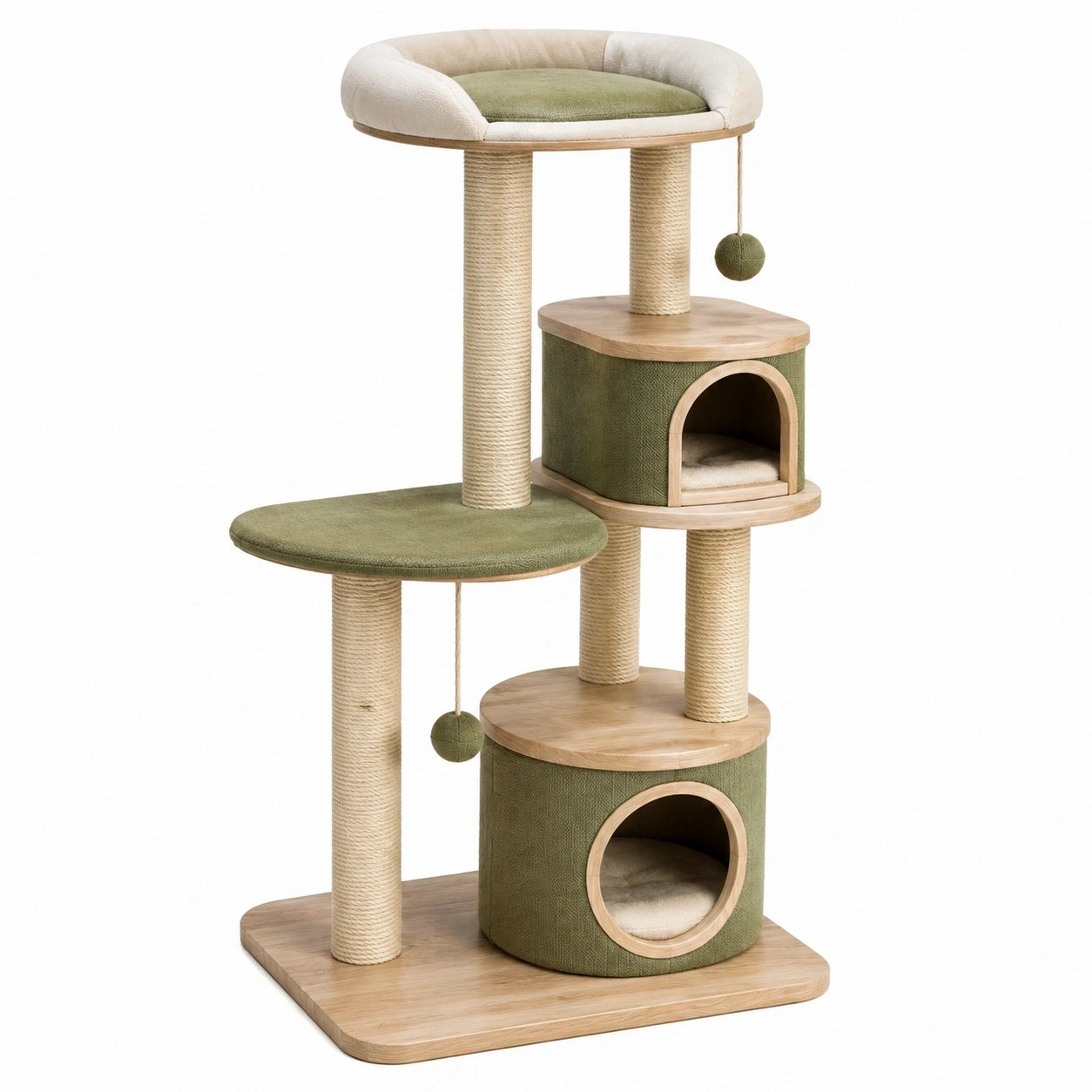 Arbre à chat 60 x 60 x 150 cm en bois et sisal vert avec niches et griffoirs