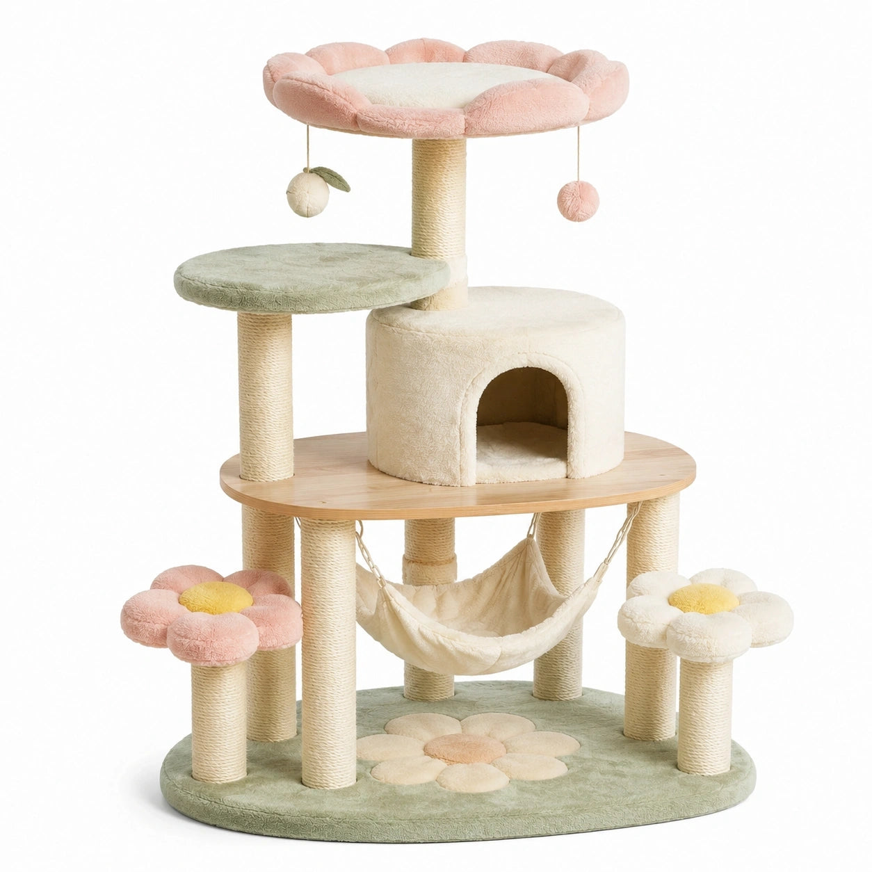 Arbre à chat 60 x 50 x 130 cm en sisal et peluche vert rose avec niches et hamac