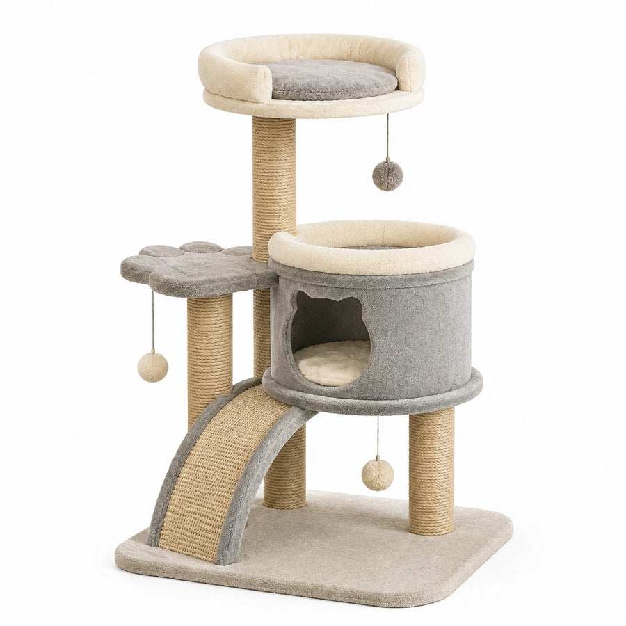 Arbre à chat 50 x 50 x 100 cm en sisal gris et crème avec niche et plateformes