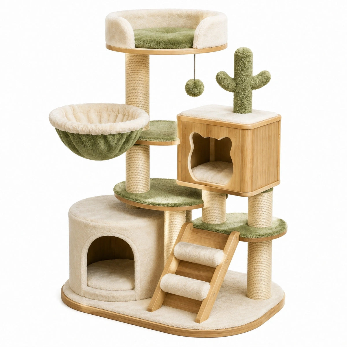 Arbre à chat 75 x 55 x 145 cm en bois beige/vert avec griffoirs et niches