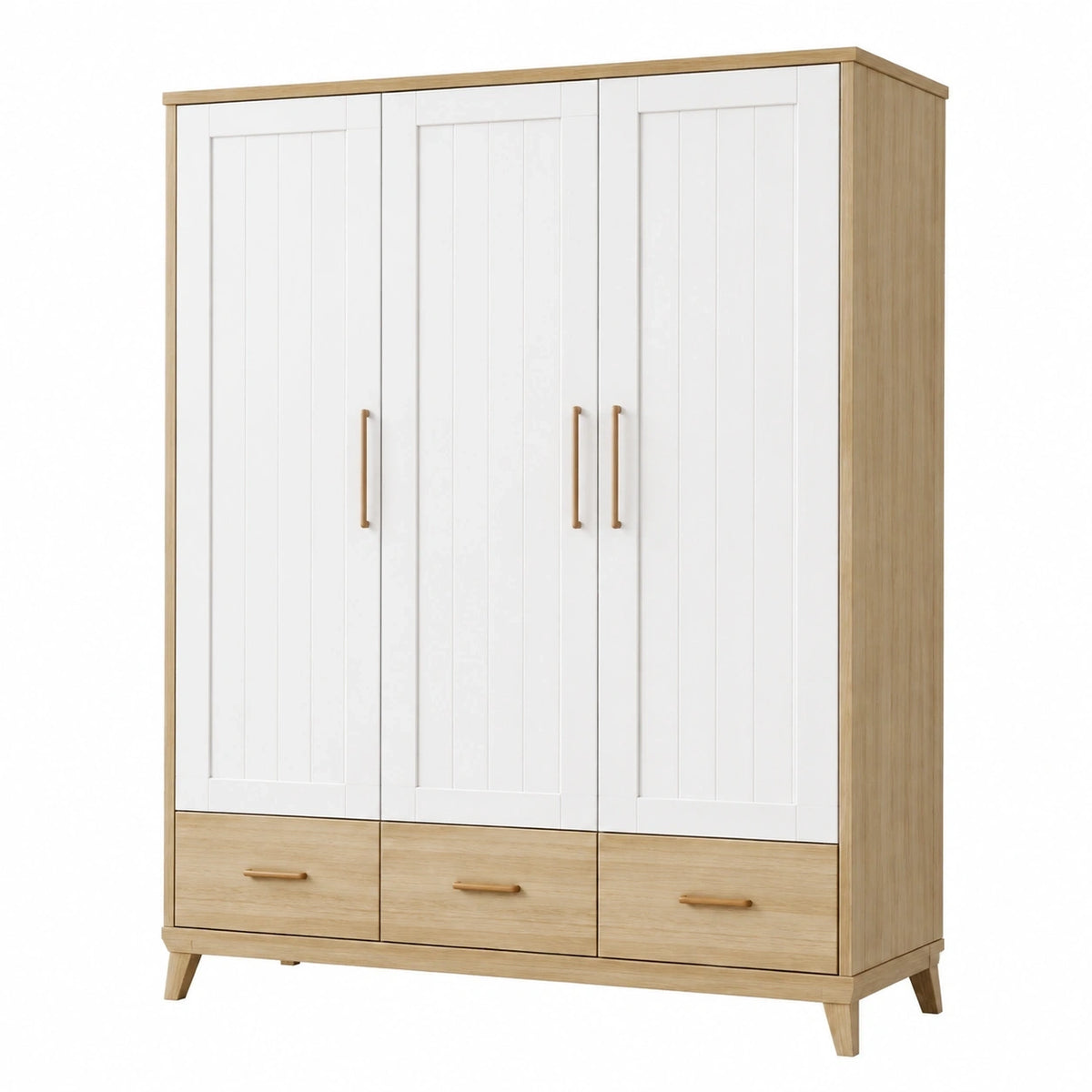 Armoire de rangement 120 x 50 x 190 cm en panneaux de bois blanc et bois clair avec 3 portes et 3 tiroirs