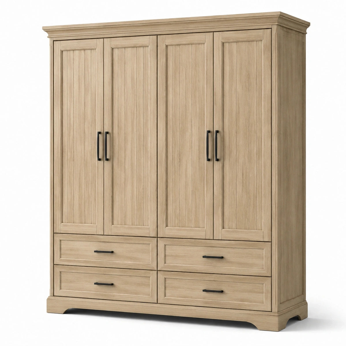Armoire 200 x 60 x 220 cm en bois chêne clair avec 4 portes et 4 tiroirs style classique