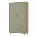 Armoire de rangement 100 x 50 x 200 cm en panneaux de bois vert sauge et décor bois avec 2 portes et 2 tiroirs