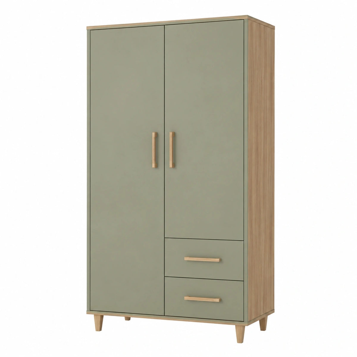 Armoire de rangement 100 x 50 x 200 cm en panneaux de bois vert sauge et décor bois avec 2 portes et 2 tiroirs