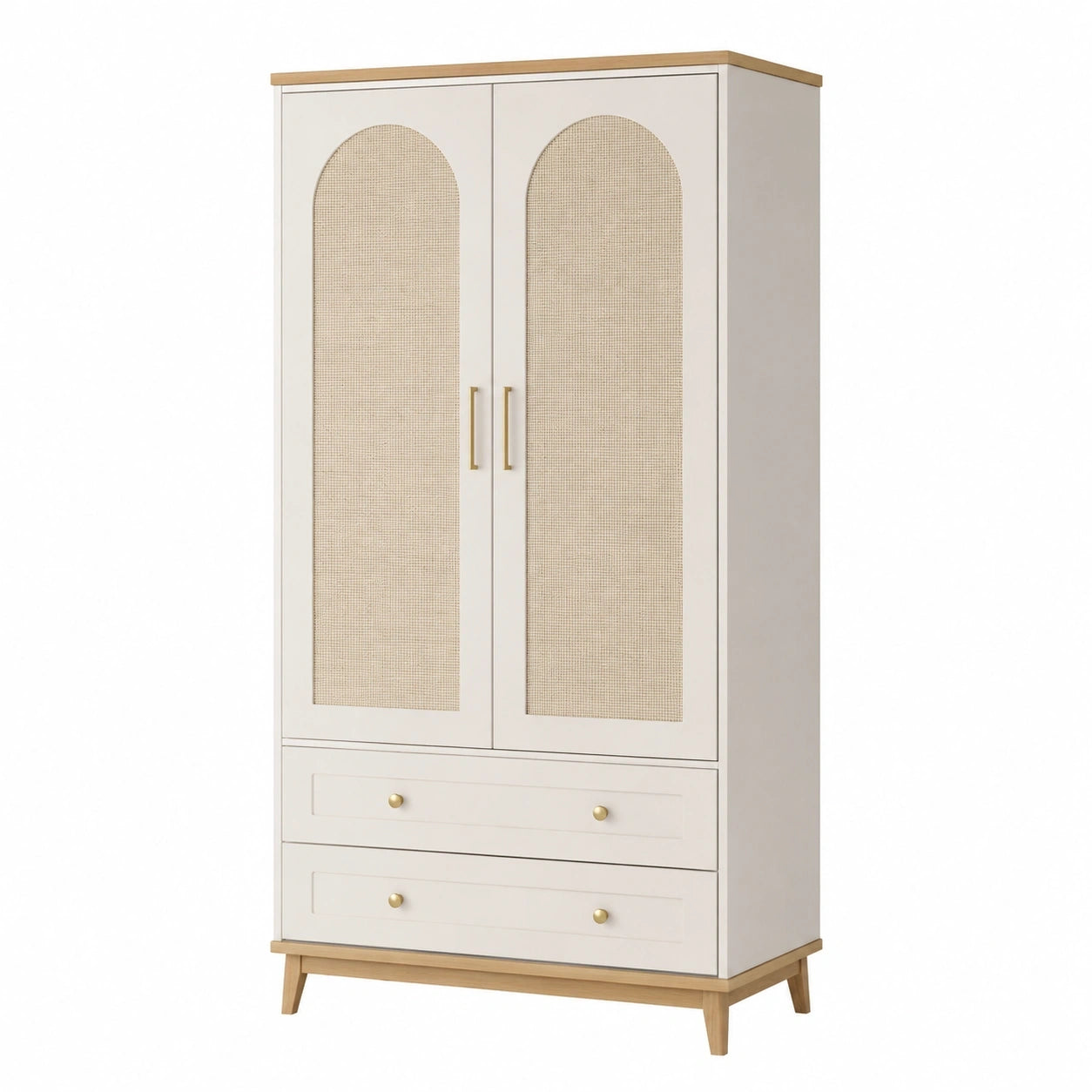 Armoire 90 x 50 x 180 cm blanc et bois avec portes en cannage et tiroirs style naturel