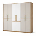 Armoire 6 portes 240 cm 60 cm 220 cm en panneaux décoratifs blanc cassé noyer et doré style contemporain