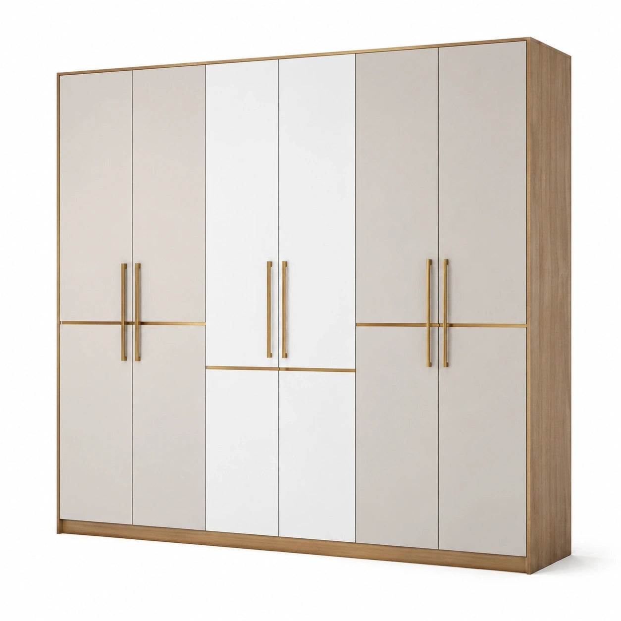 Armoire 6 portes 240 cm 60 cm 220 cm en panneaux décoratifs blanc cassé noyer et doré style contemporain