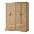 Armoire 180 x 60 x 200 cm en bois chêne clair à 4 portes et 2 tiroirs style classique