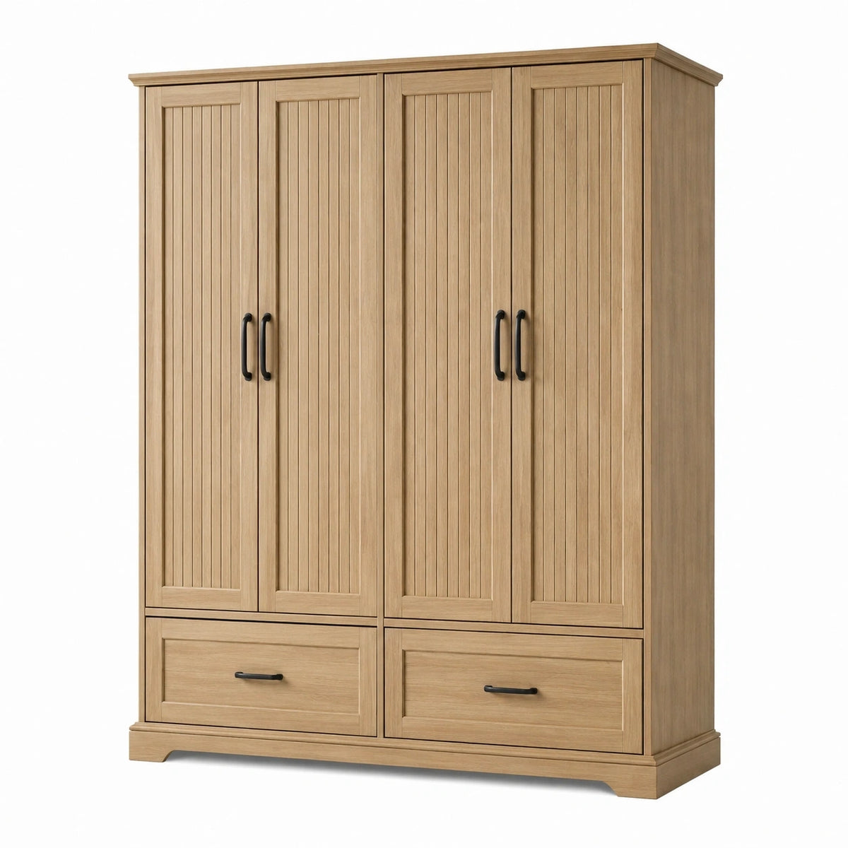 Armoire 180 x 60 x 200 cm en bois chêne clair à 4 portes et 2 tiroirs style classique