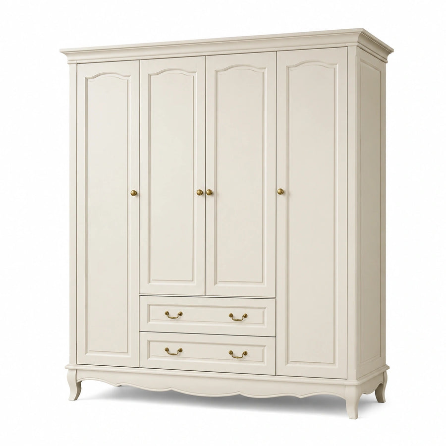 Armoire 200 x 60 x 220 cm en bois blanc cassé à 4 portes et 2 tiroirs style classique