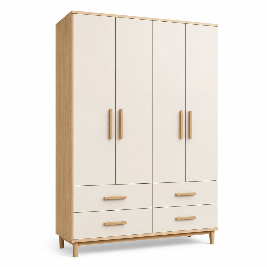 Armoire de rangement 160 x 52 x 200 cm blanc et bois à 4 portes 4 tiroirs style scandinave