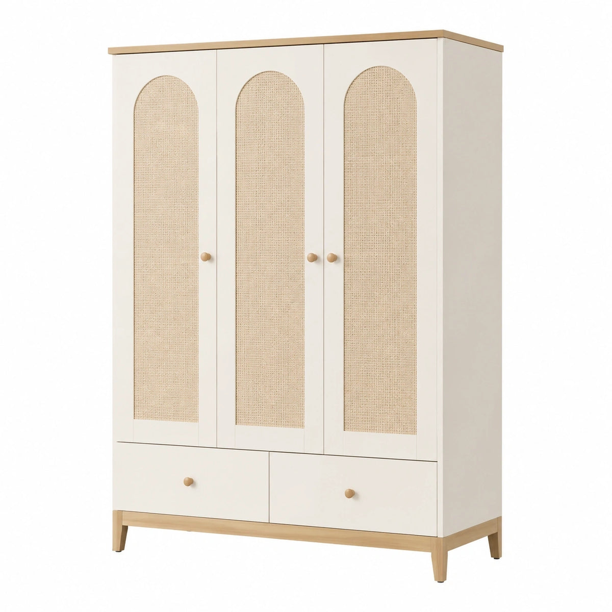 Armoire 3 portes 120 x 50 x 180 cm bois blanc et cannage naturel - rangement style bohème