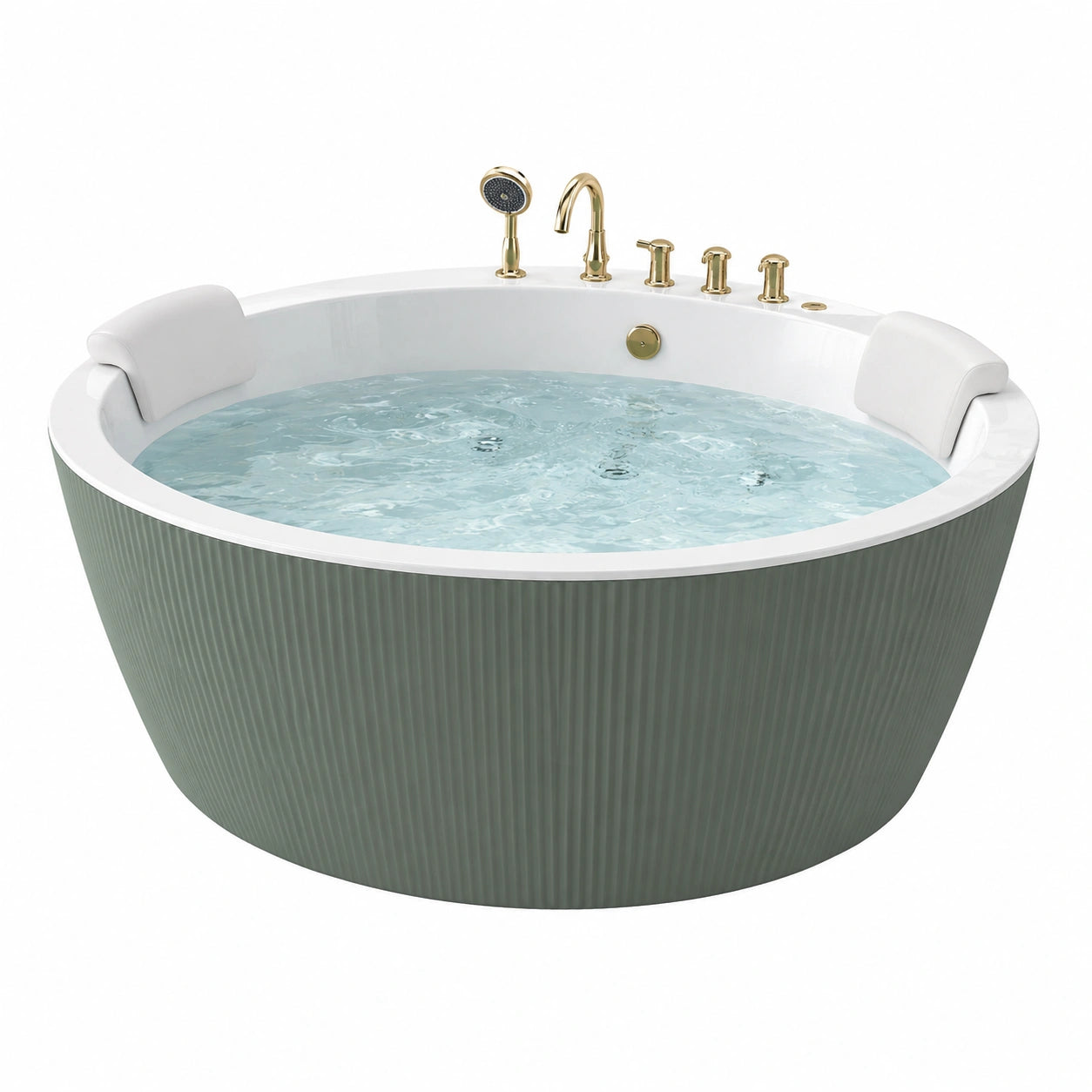 Baignoire îlot ronde diamètre 150 cm acrylique vert blanc balnéo avec robinetterie dorée